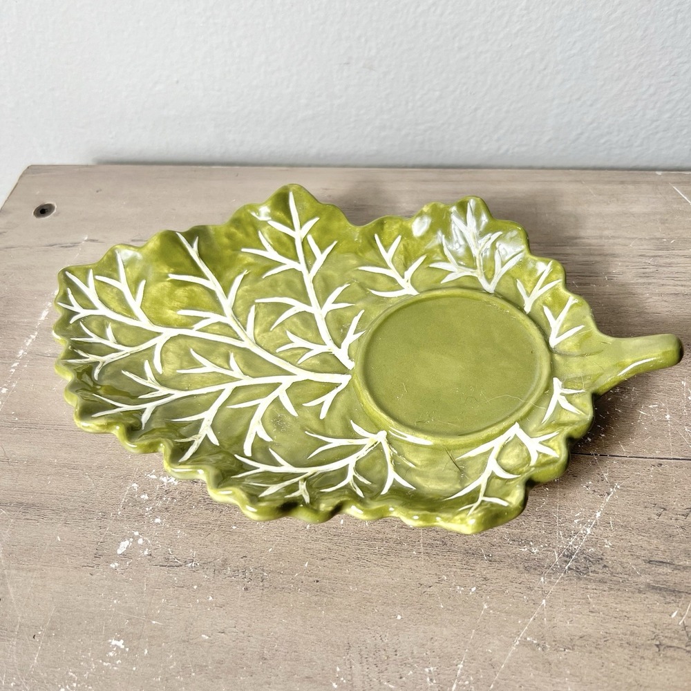 Vintage MWW Market Green Leaf Ceramic‎ Relish Dish Spoon Rest 9.25" x 6"